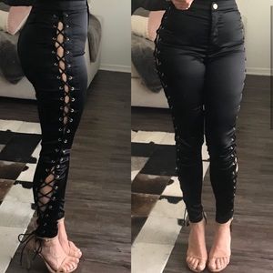 🔖NWT Black Satin Lace Up Pants - Skinny Pant Trousers